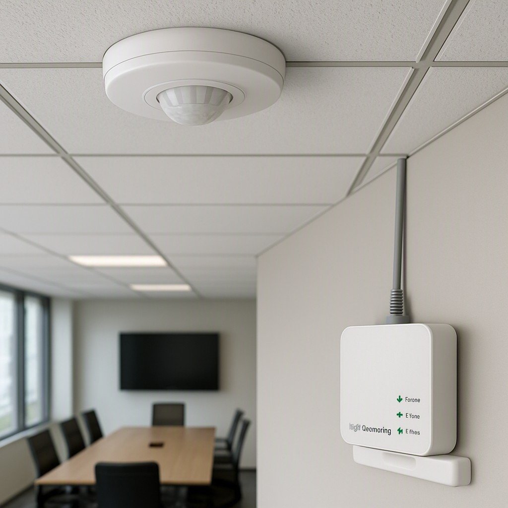 Domótica para negocios: sensores IoT que de verdad ahorran costos Sensor de movimiento IoT montado en techo conectado a un gateway, en una sala de reuniones corporativa