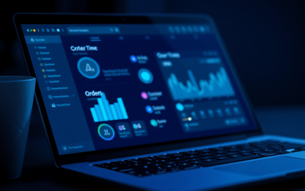 Laptop mostrando un panel de control con pedidos, tareas y estadísticas del negocio en tiempo real